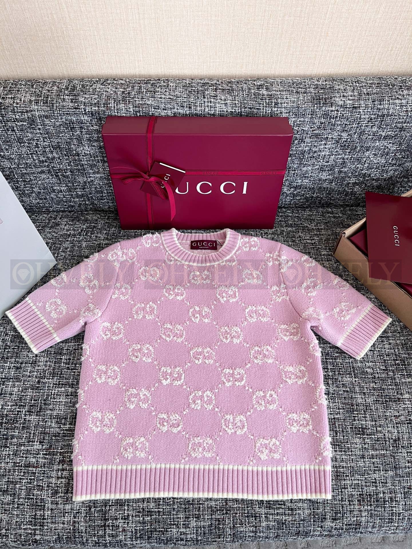 【 ZP버전 】Gucci 부클레 GG울 자카드 탑 여성스웨터 라이트핑크