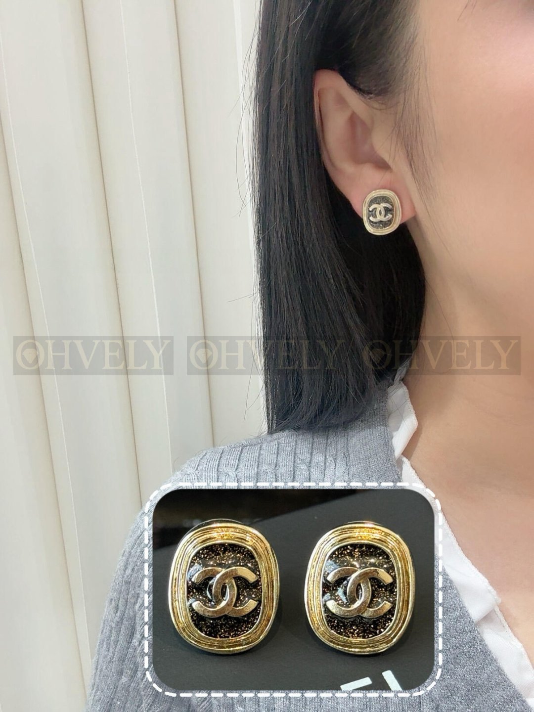샤넬 CHANEL 블랙 메탈 레진 스터드 이어링 상품 썸네일