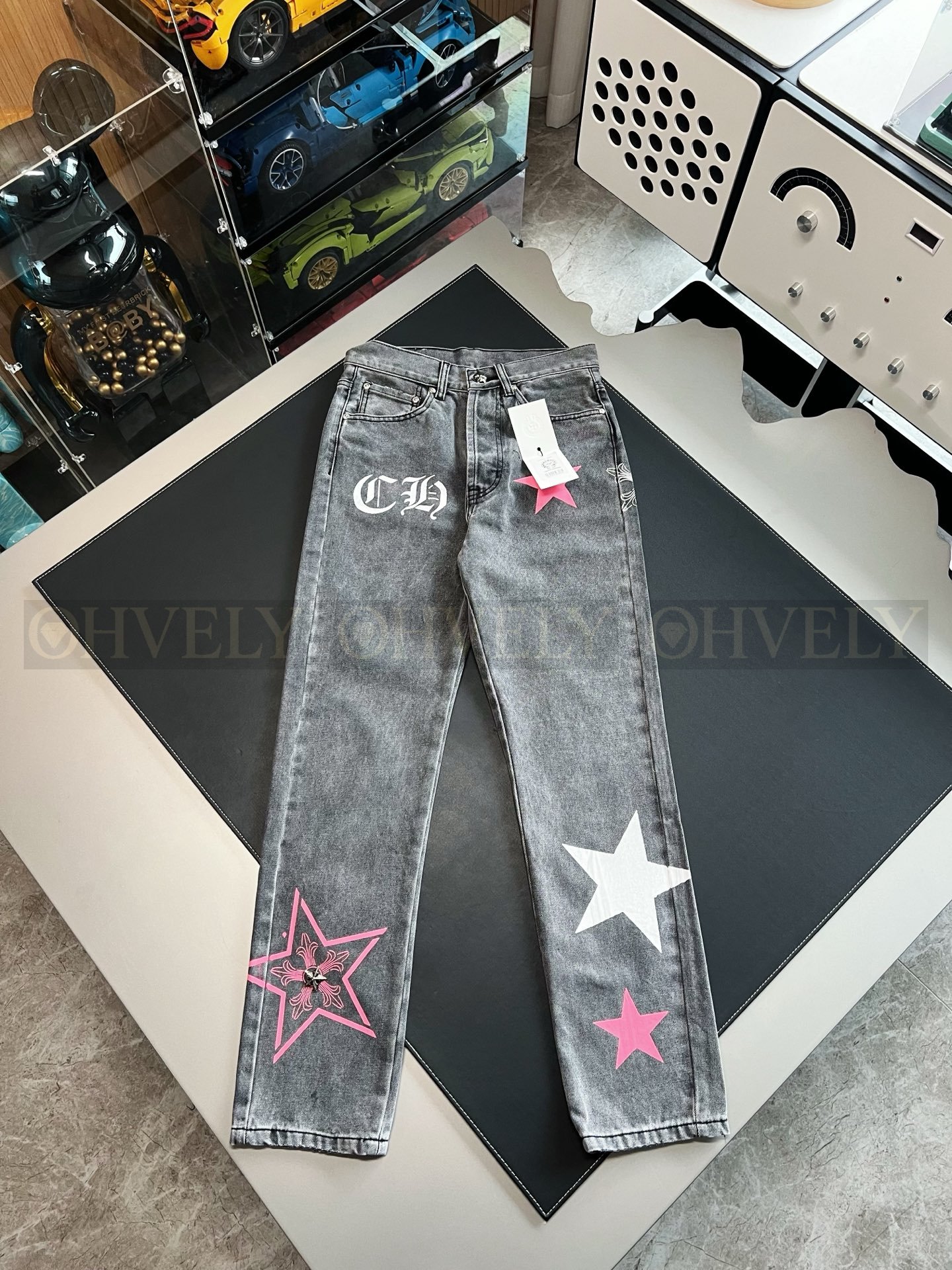 【 ZP버전 】크롬하츠 Chrome Hearts 핑크 화이트 스타 패치 빈티지 데님 팬츠 상품 썸네일