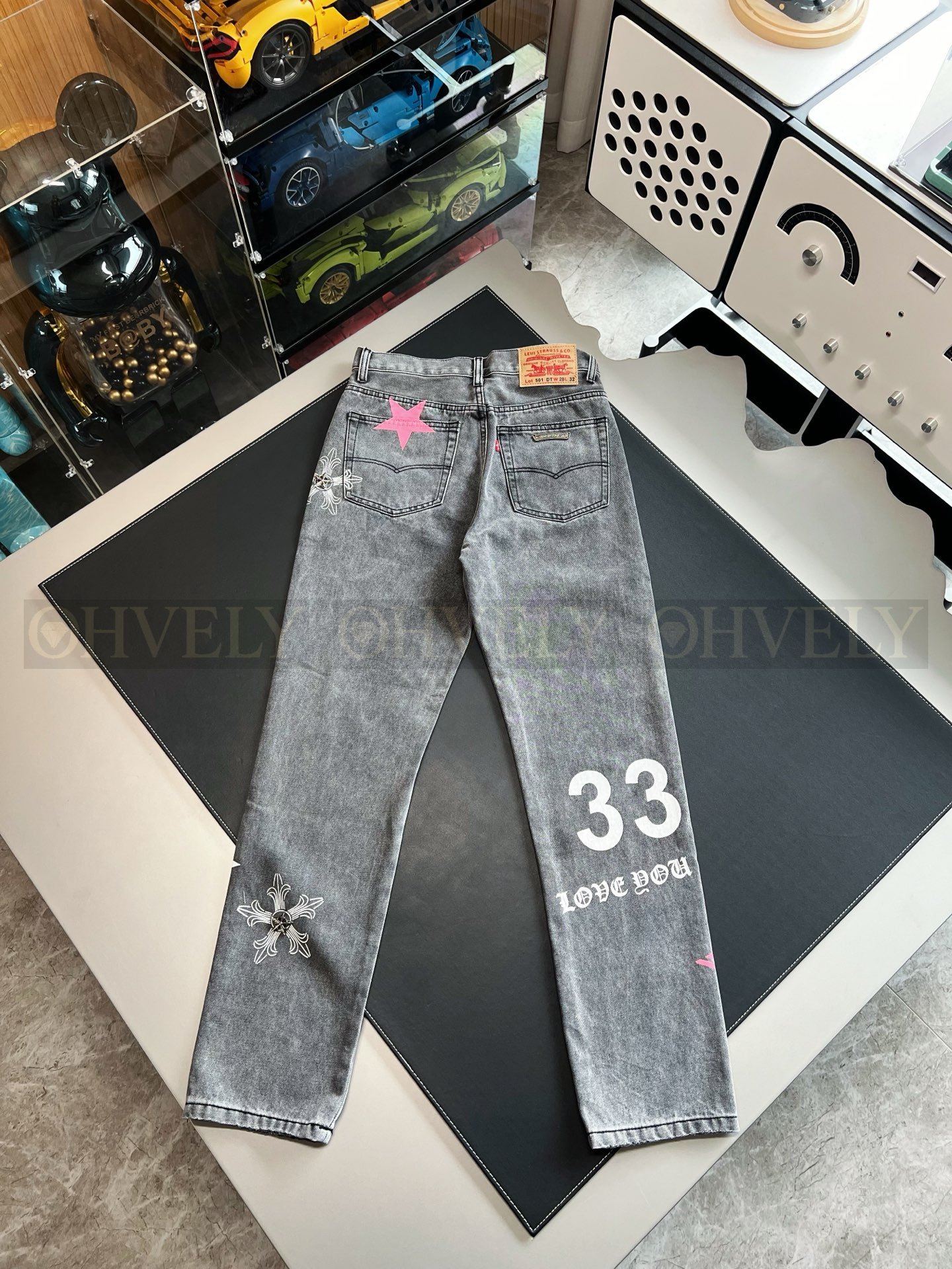【 ZP버전 】크롬하츠 Chrome Hearts 핑크 화이트 스타 패치 빈티지 데님 팬츠 상품 썸네일