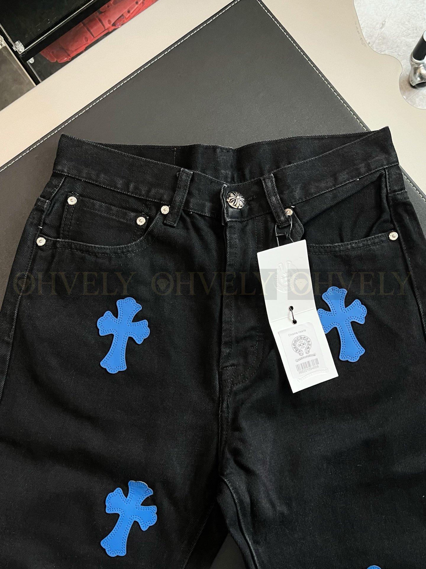 【 ZP버전 】크롬하츠 Chrome Hearts 블루 화이트 크로스 패치 블랙 데님 팬츠 상품 썸네일