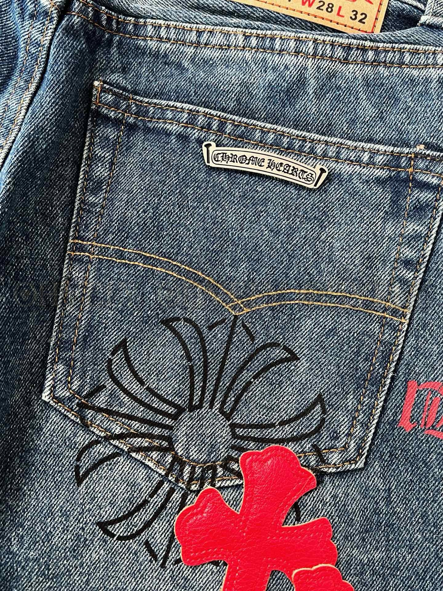 【 ZP버전 】크롬하츠 Chrome Hearts 블랙 레드 멀티 크로스 패치 빈티지 데님 팬츠 상품 썸네일