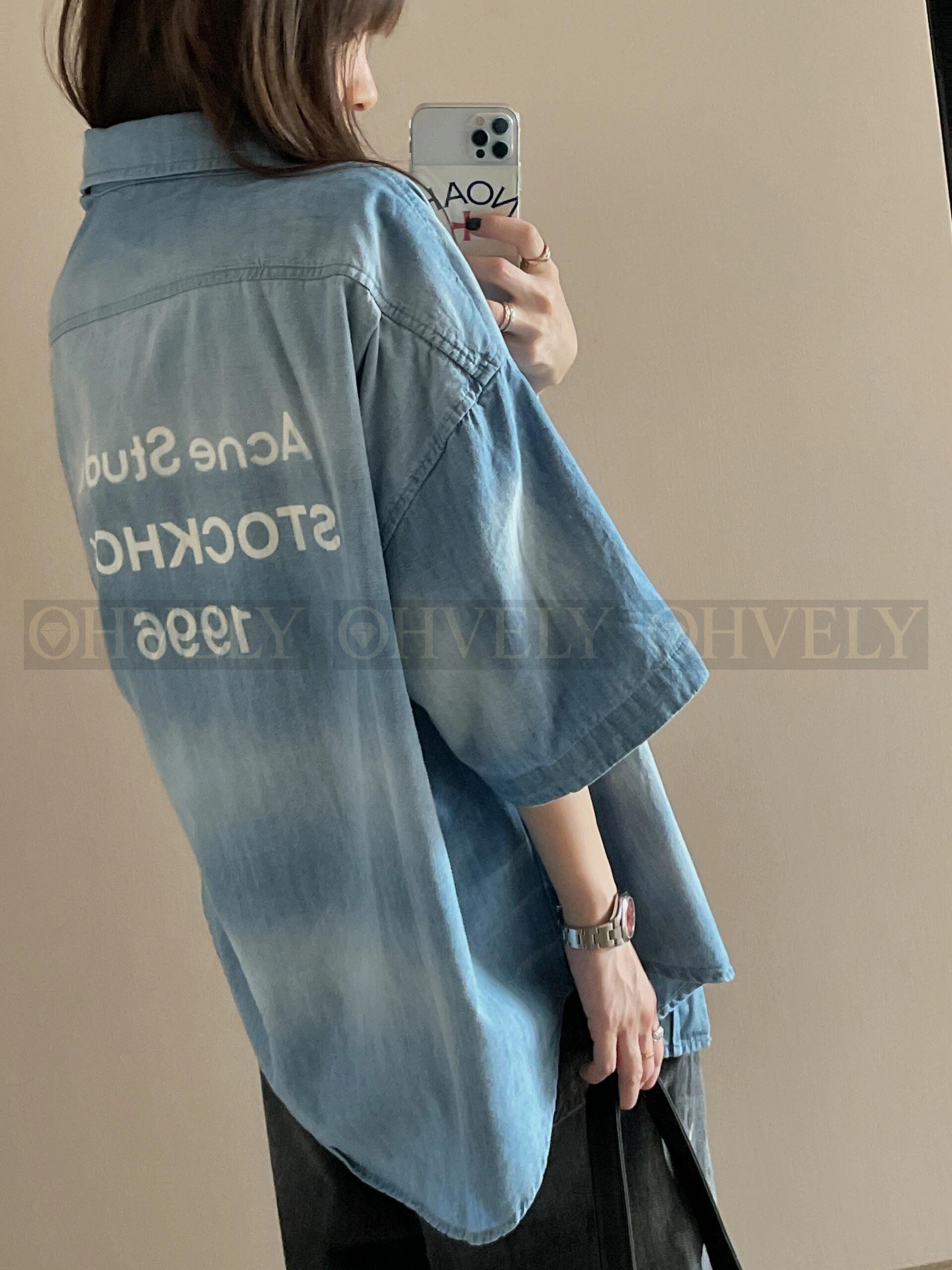 【 ZP버전 】아크네 스튜디오 Acne Studios 1996 로고 자수 워싱 데님 반팔 셔츠 상품 썸네일