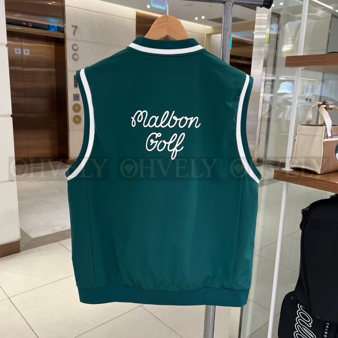 Malbon 말본 남성 스크립트 로고 브이넥 하이넥 디테일 골프 베스트 조끼 (화이트/그린) 상품 썸네일