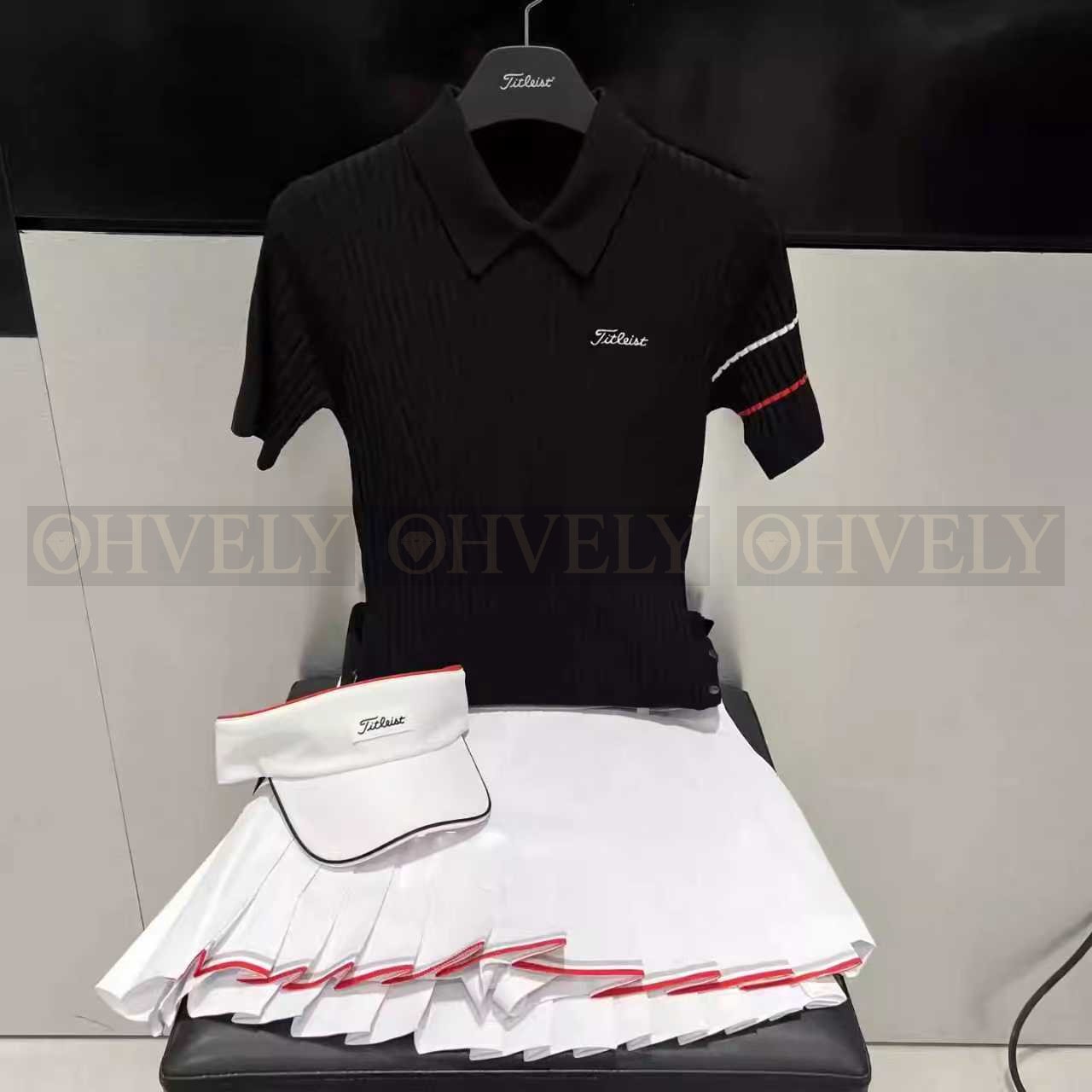 Titleist 타이틀리스트 여성 골지 니트 소매 라인 카라 반소매 티셔츠 (레드/블랙) 상품 썸네일