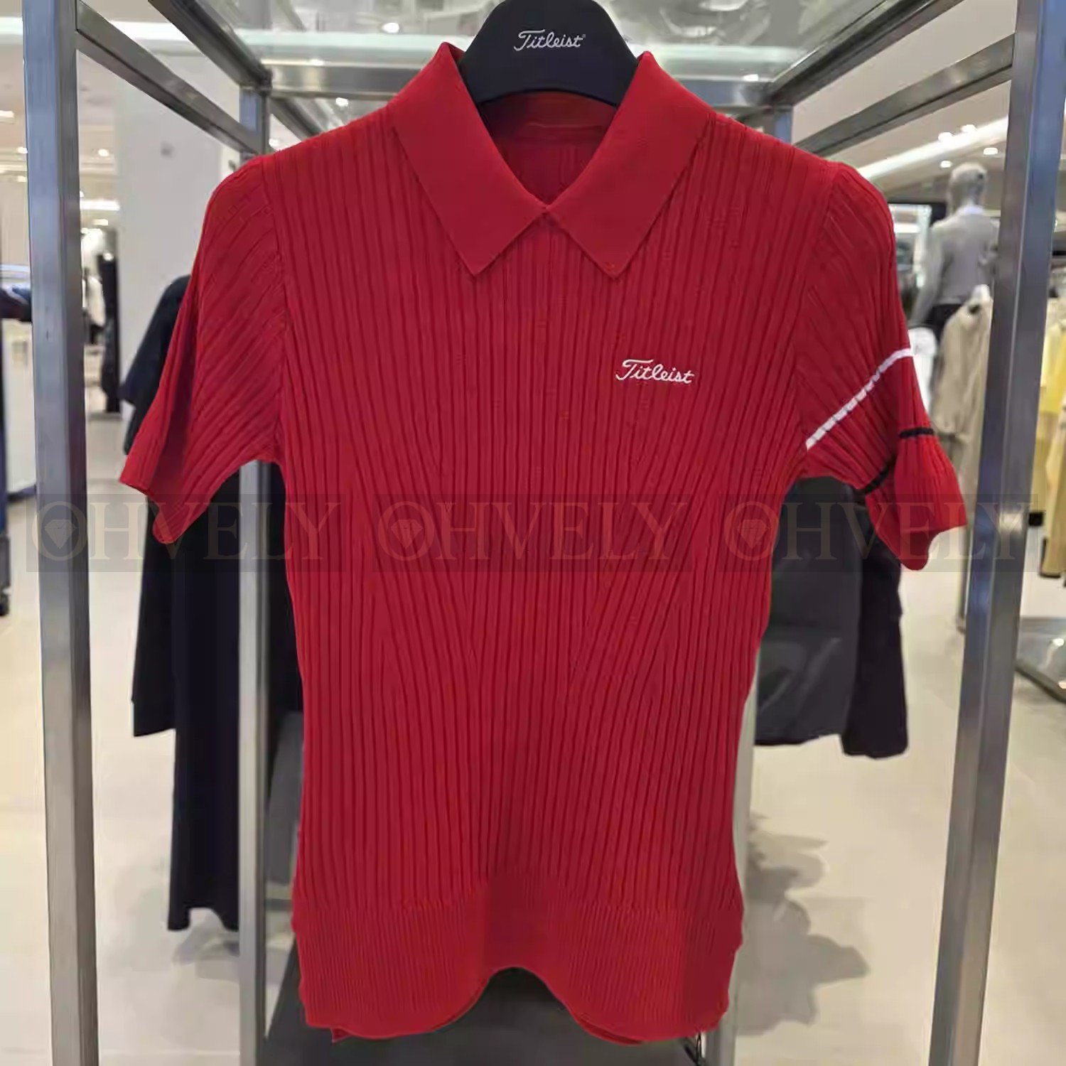 Titleist 타이틀리스트 여성 골지 니트 소매 라인 카라 반소매 티셔츠 (레드/블랙) 상품 썸네일
