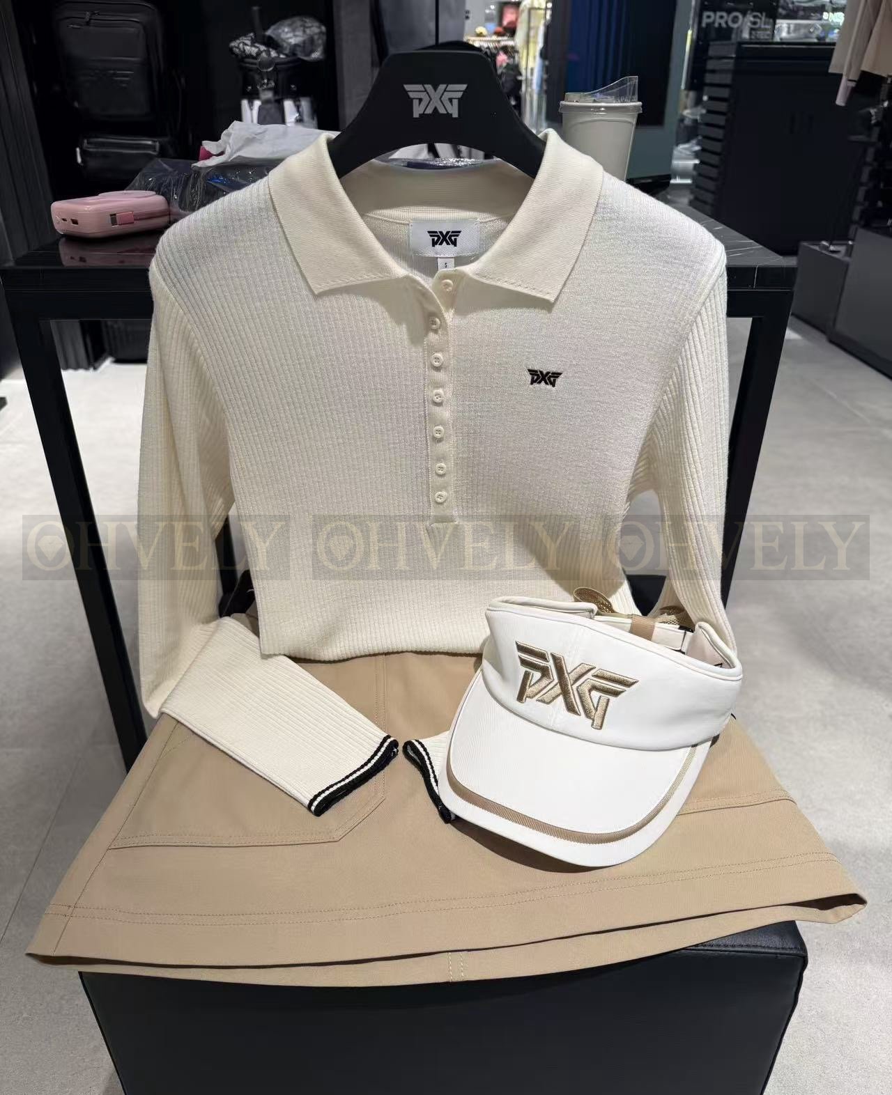 PXG 피엑스지 여성 골지 롱스리브 카라 니트 티셔츠 (그레이/아이보리) 상품 썸네일