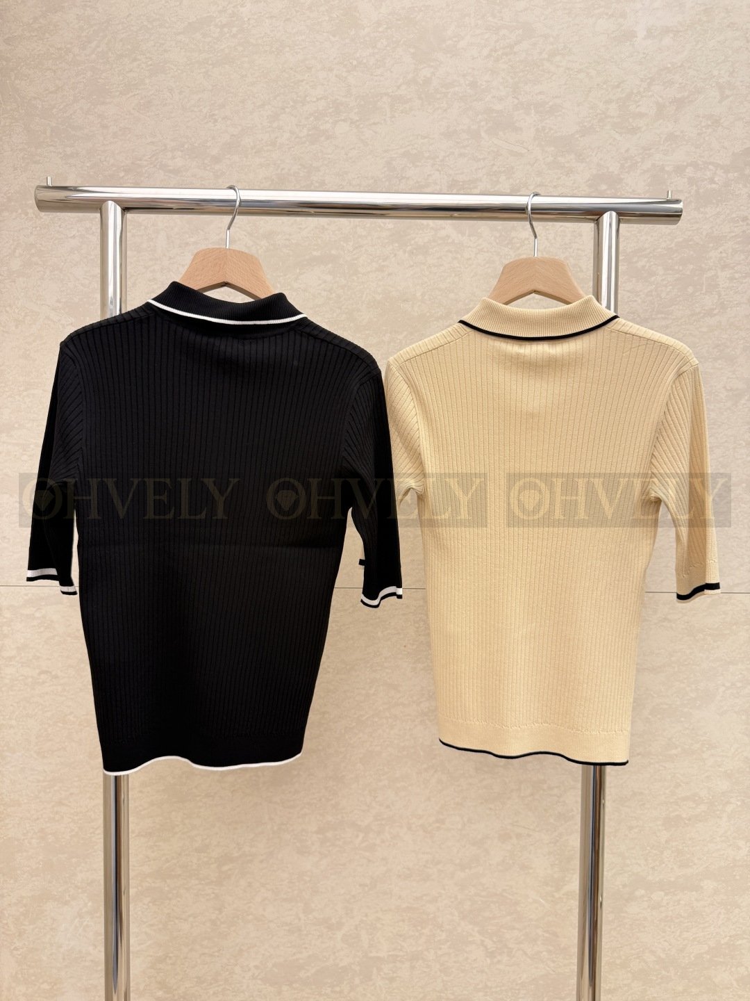 Lanvin_en_Bleu 랑방온블루 여성 골지 반팔 카라 니트 티셔츠 (블랙 / 베이지) 상품 썸네일