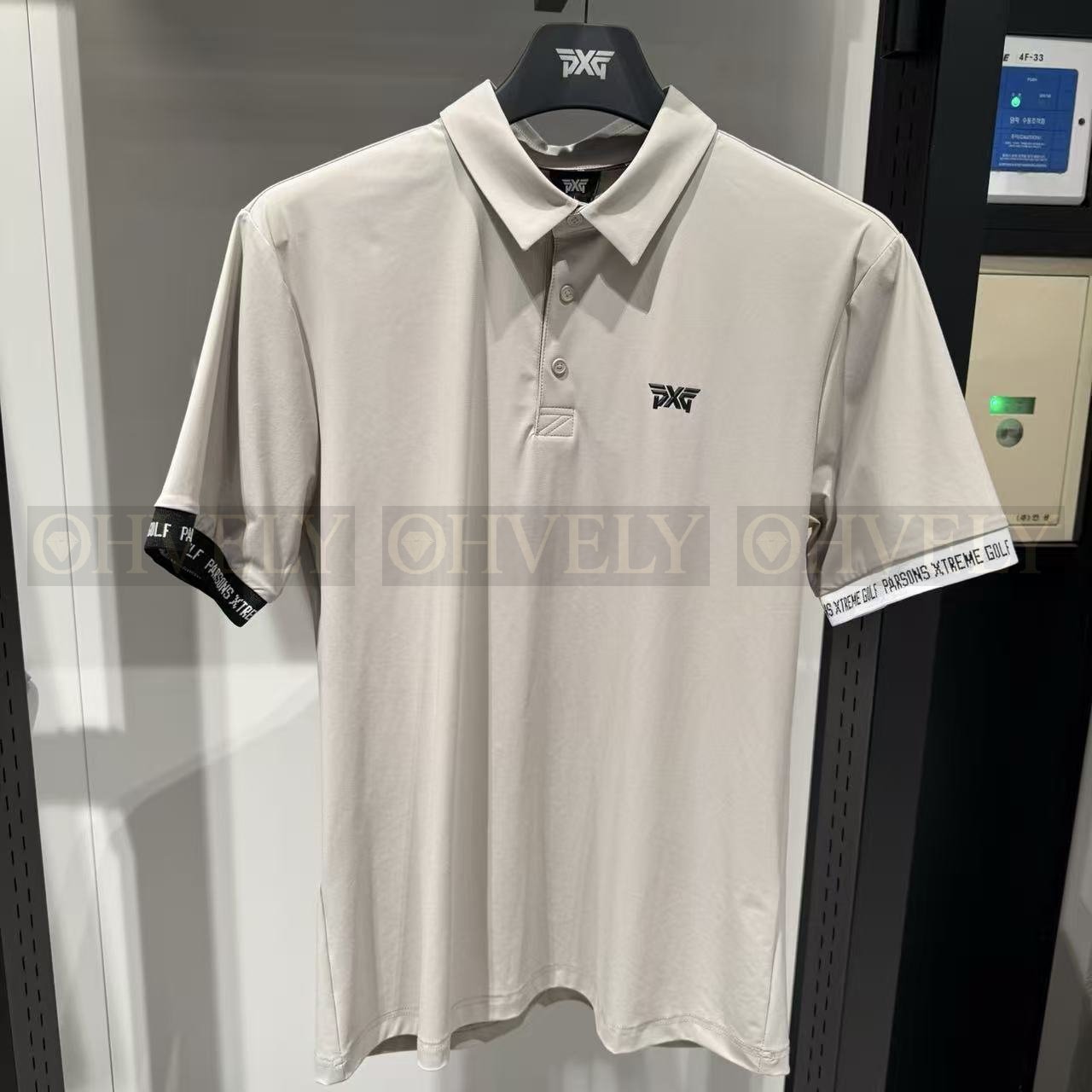 PXG 피엑스지 남성 소매 밴딩 레터링 로고 반소매 카라 티셔츠 (베이지 / 화이트) 상품 썸네일