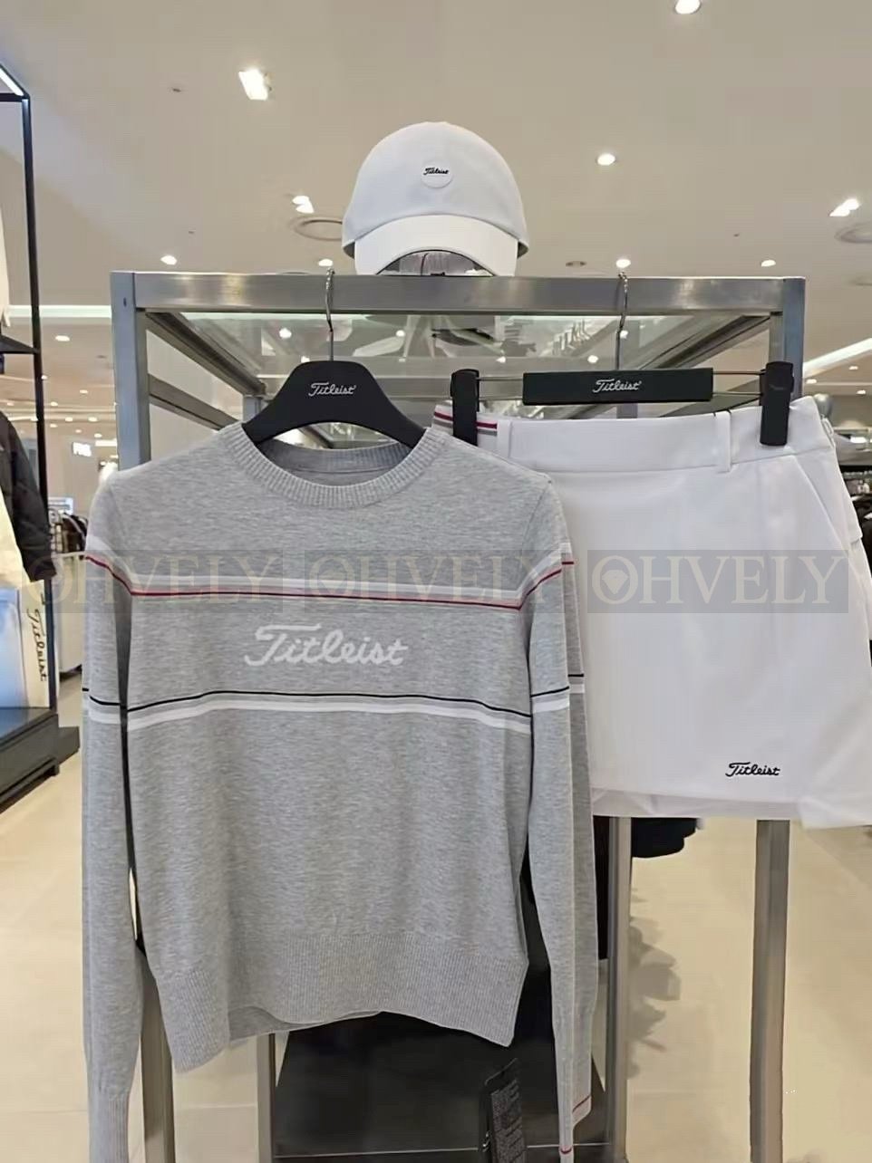 Titleist 타이틀리스트 여성 가슴 라인 배색 로고 풀오버 니트 (화이트, 그레이) 상품 썸네일
