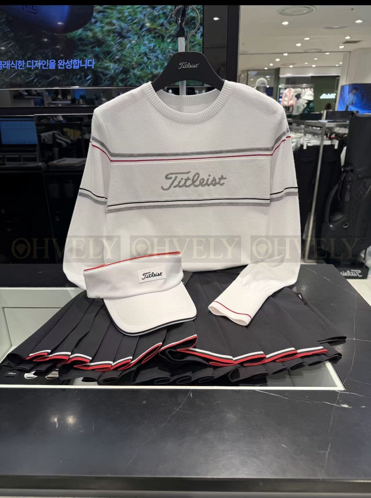Titleist 타이틀리스트 여성 가슴 라인 배색 로고 풀오버 니트 (화이트, 그레이) 상품 썸네일