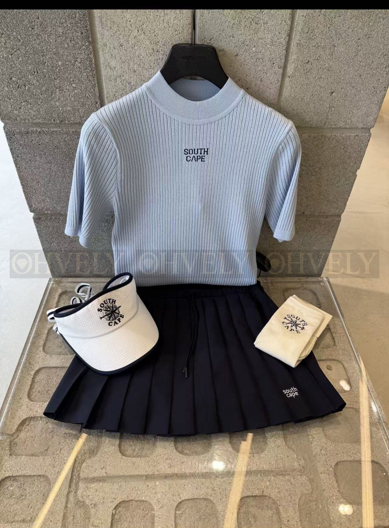 SOUTHCAPE 사우스케이프 여성 백 나침반 그래픽 골지 반소매 니트 티셔츠 (블루/화이트/아이보리) 상품 썸네일