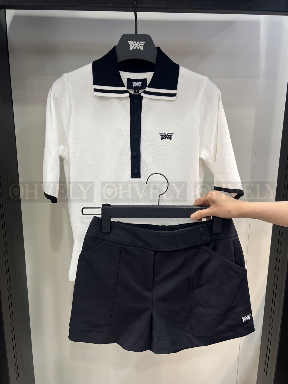 PXG 피엑스지 여성 배색 칼라 라인 반소매 골프 니트 티셔츠 (화이트/퍼플) 상품 썸네일