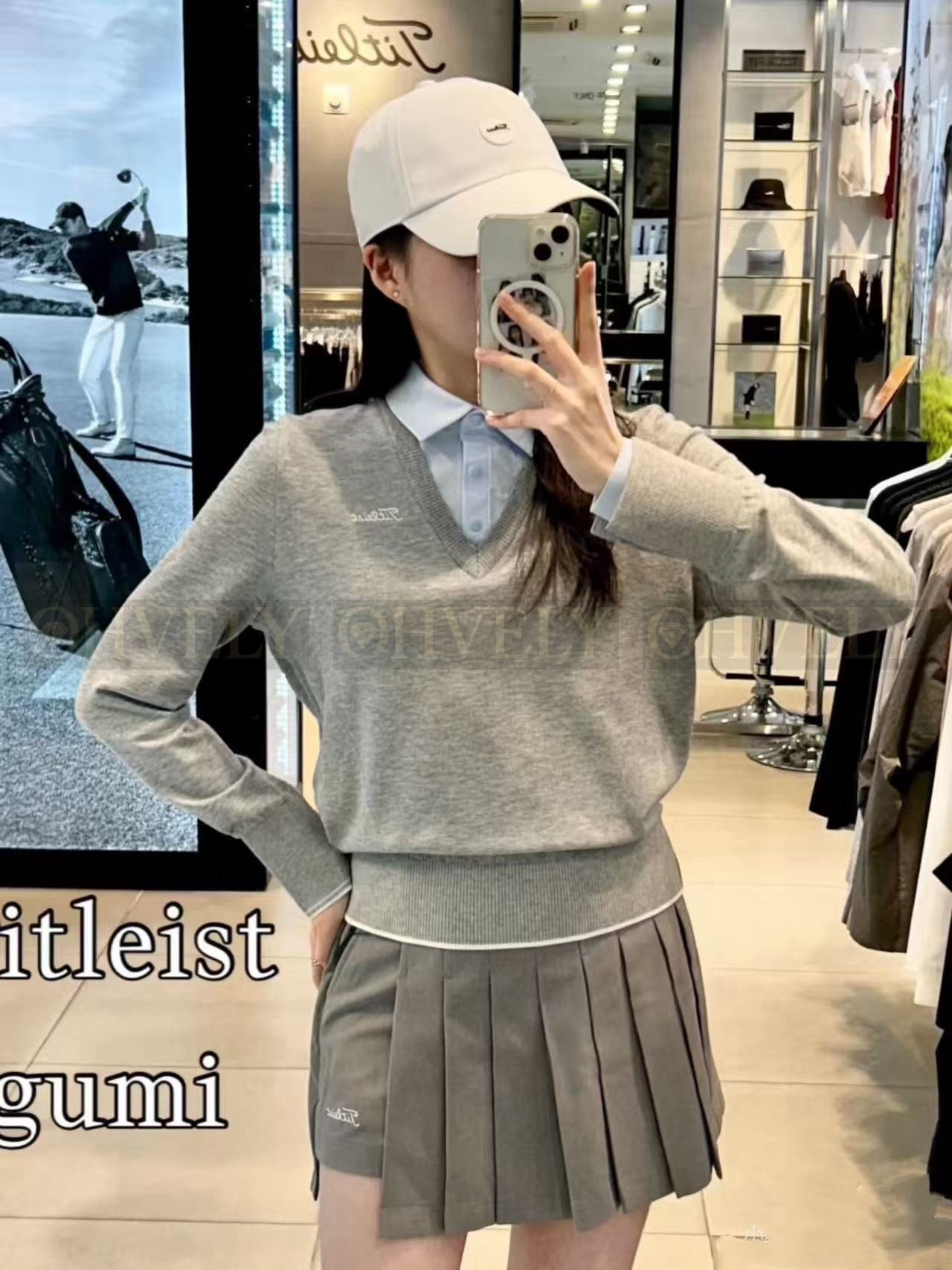 Titleist 타이틀리스트 여성 V넥 긴소매 골프 니트 스웨터 (그레이/블랙) 상품 썸네일
