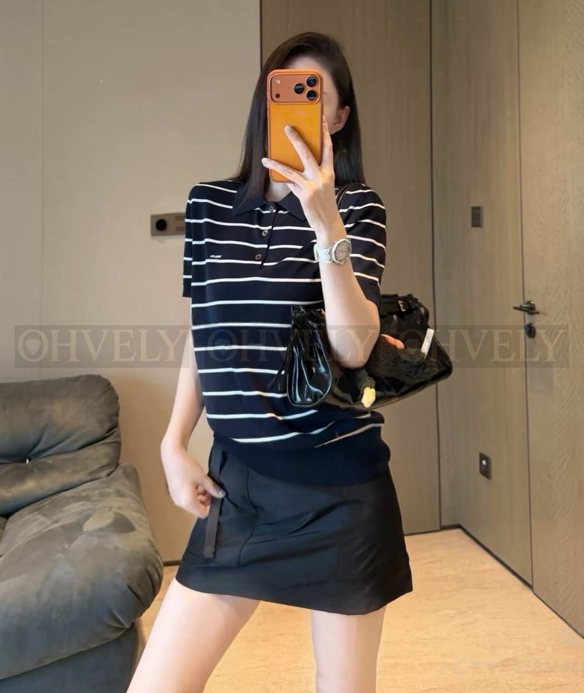 【 ZP버전 】프라다 네이비 화이트 스트라이프 니트 폴로 반팔 티셔츠