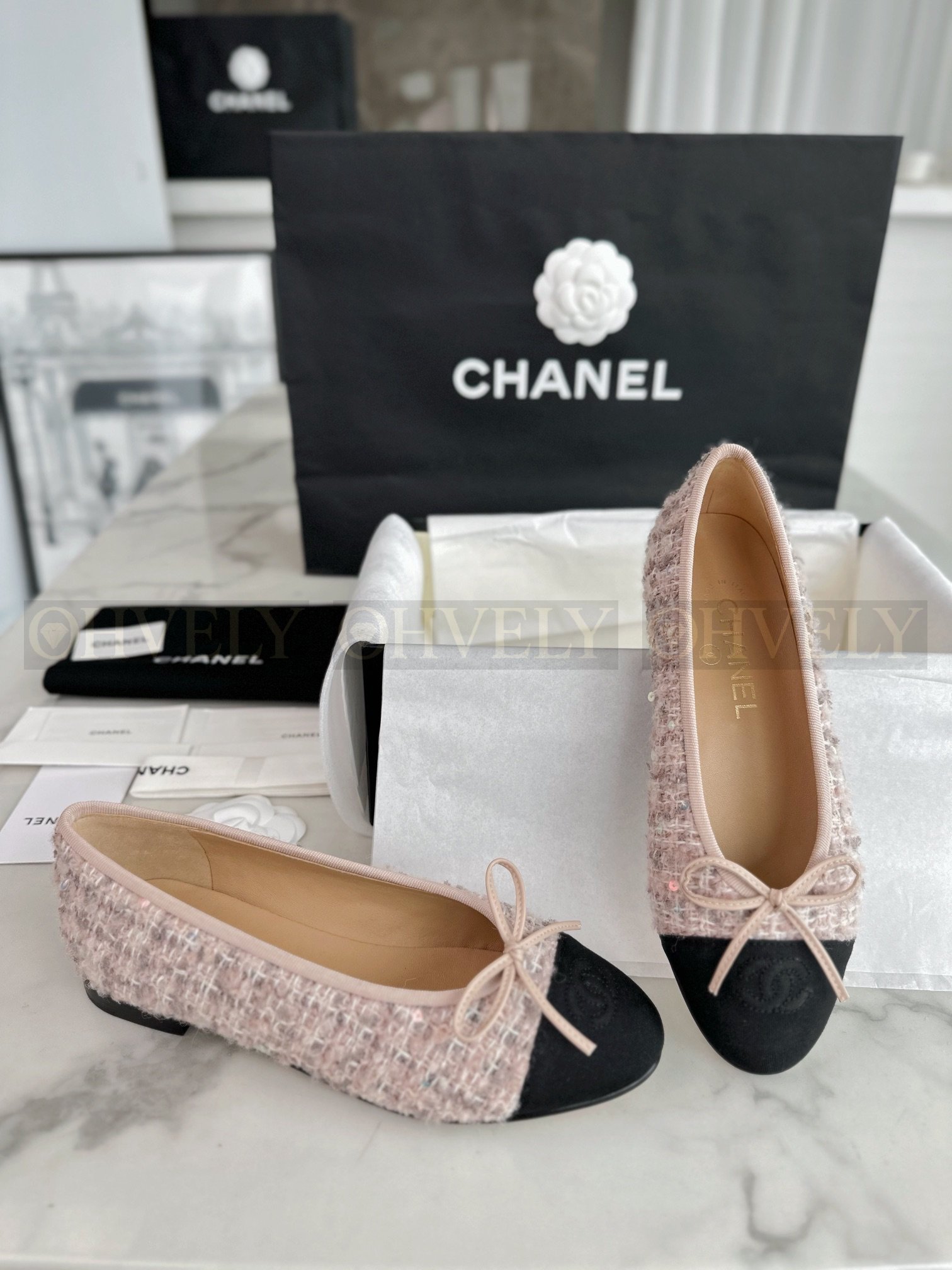 【 ZP버전 】CN 트위드 그로그랭 리본 발레리나 플랫슈즈 상품 썸네일