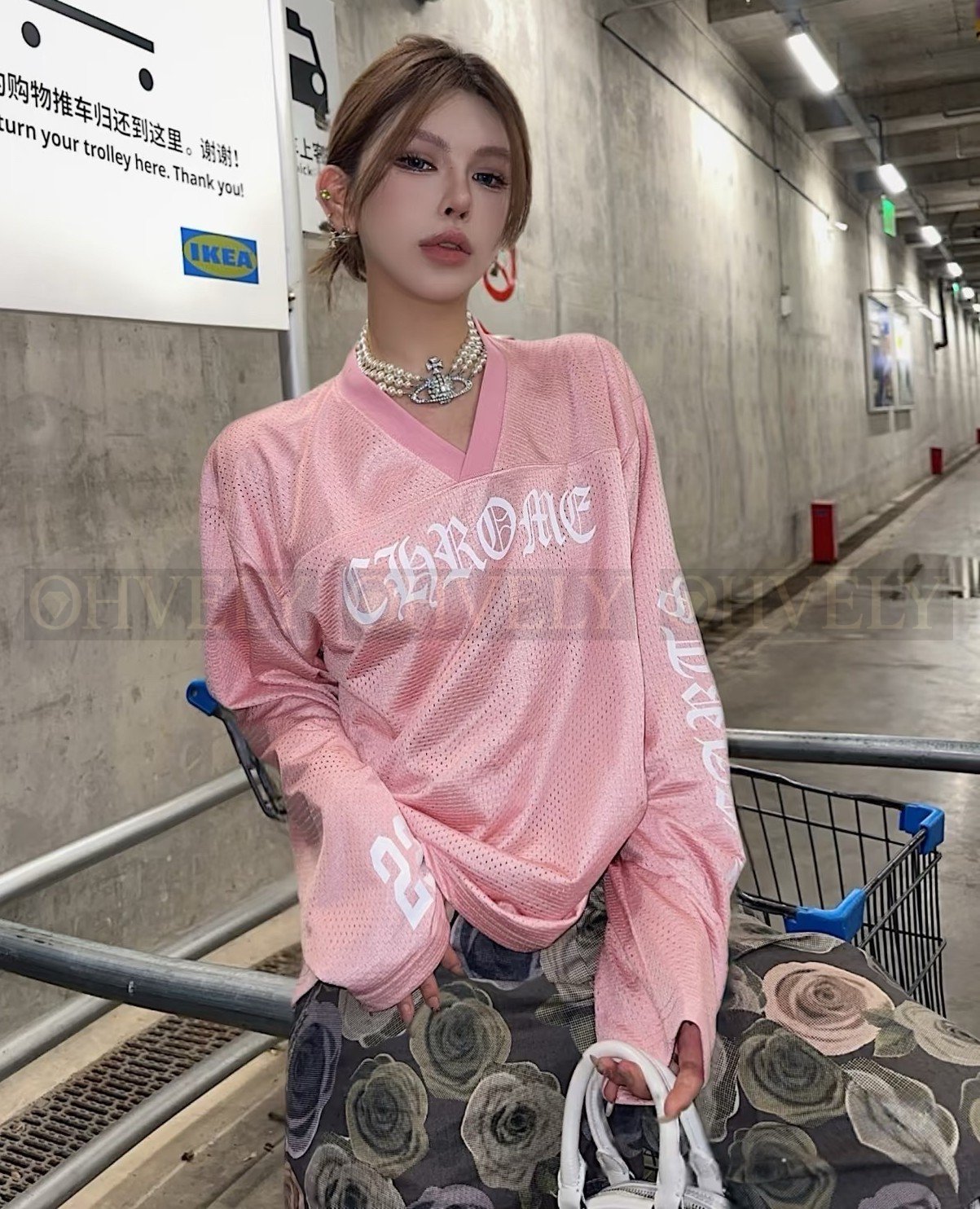 【 ZP버전 】크롬하츠 한정판 핑크 메쉬 스포츠 긴팔