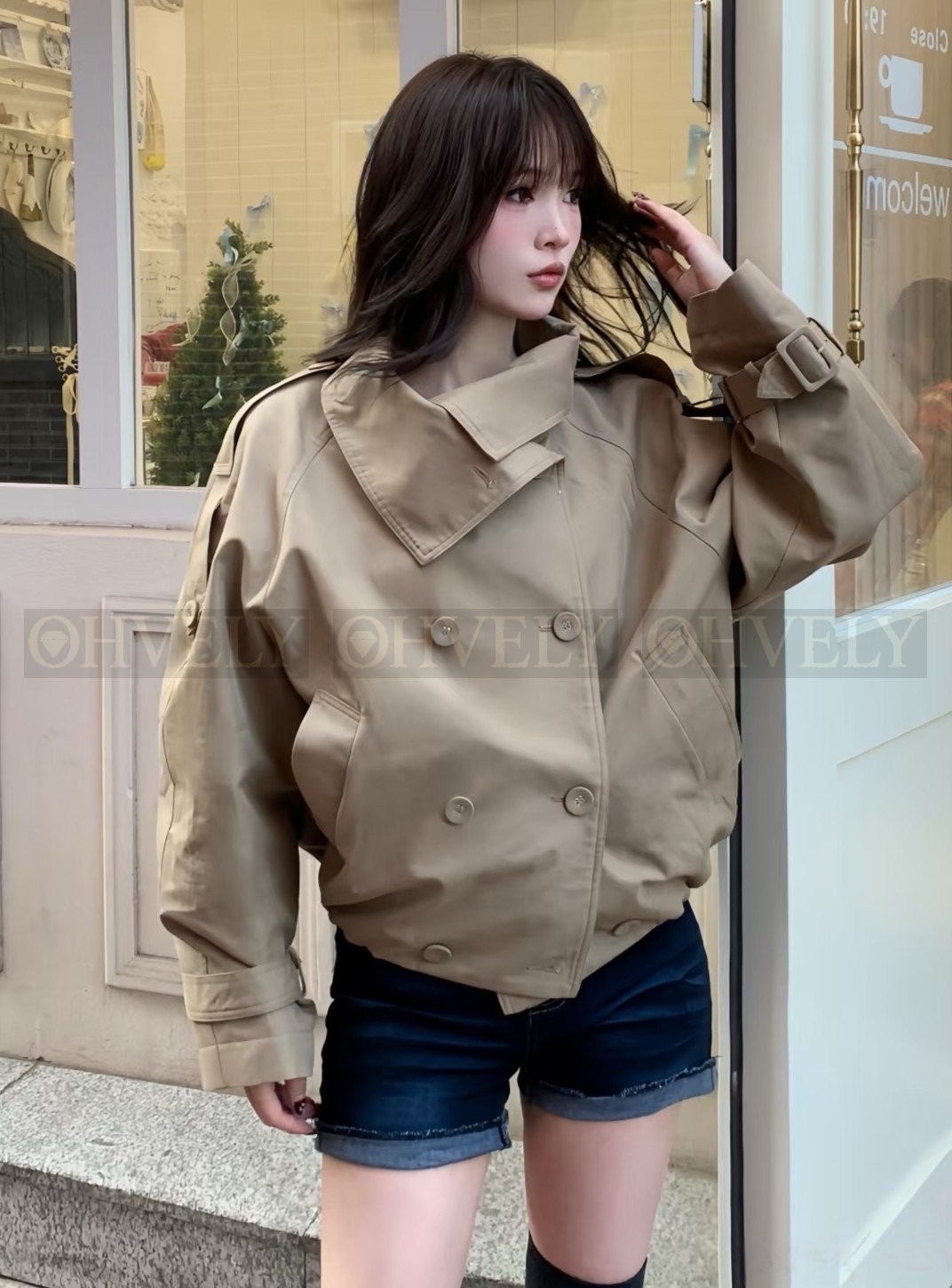 【 ZP버전 】AC 카키 더블 버튼 숏 트렌치 코트
