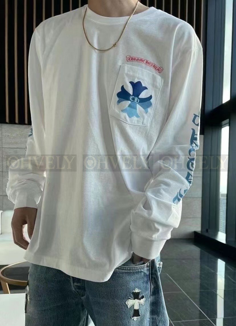 【 ZP버전 】크롬하츠 블루 그라데이션 크로스 긴팔 티셔츠