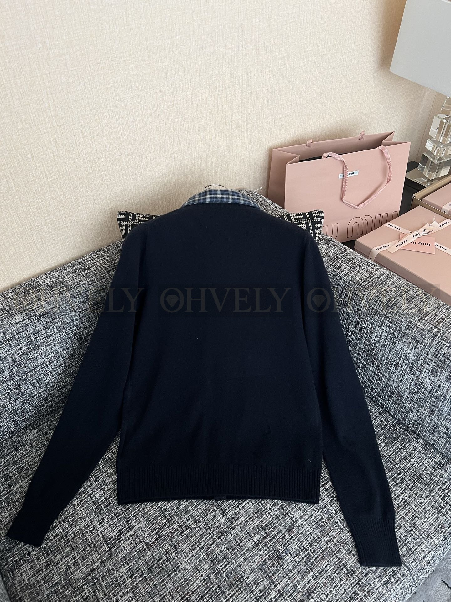 【 ZP버전 】 MIU 프레피 체크 카라 레이어드 니트 가디건 상품 썸네일