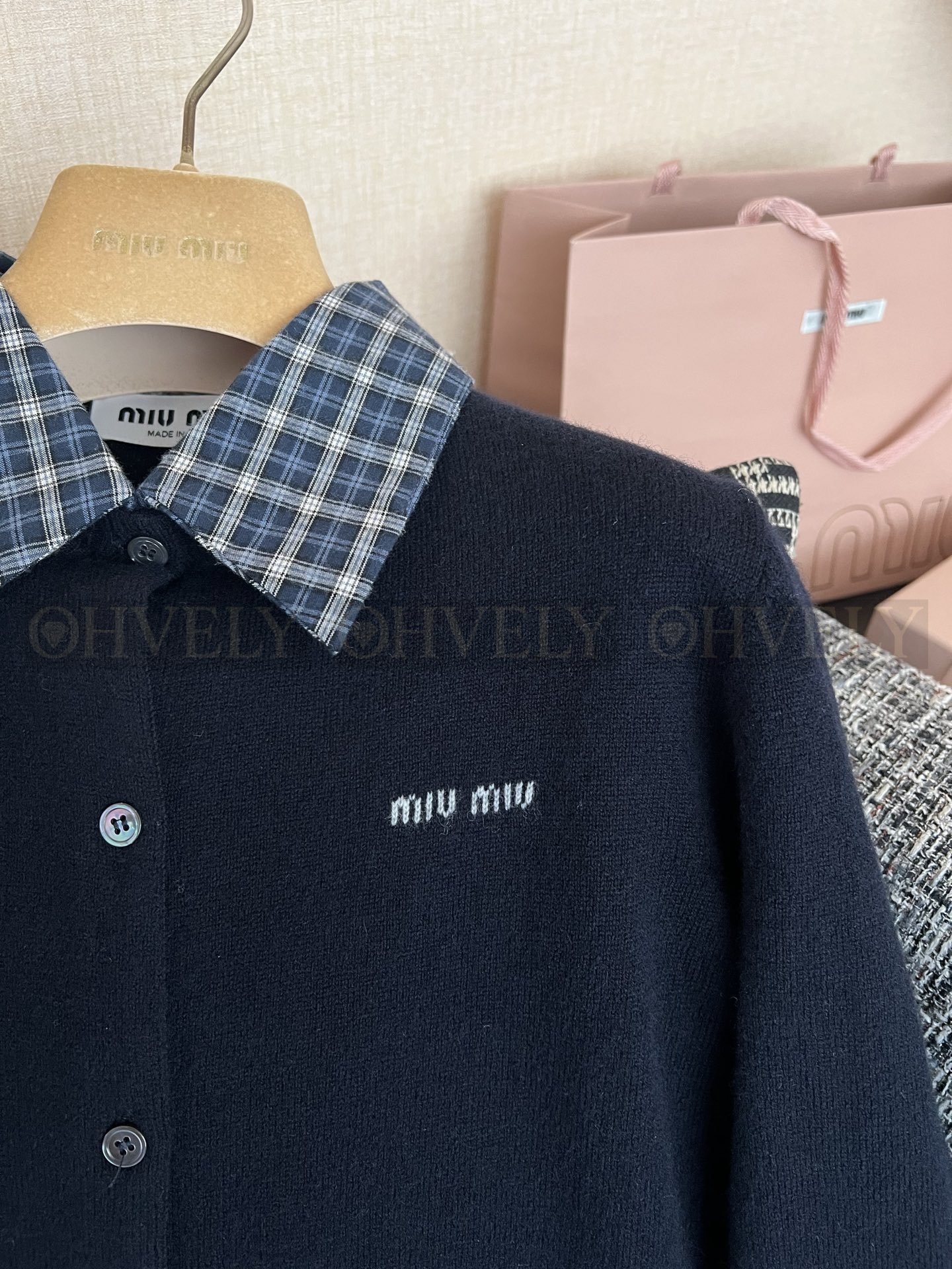 【 ZP버전 】 MIU 프레피 체크 카라 레이어드 니트 가디건 상품 썸네일
