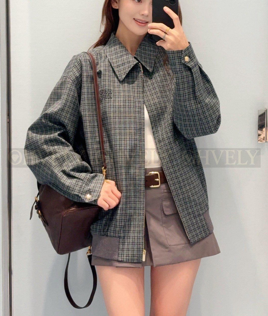 【 ZP버전 】MIU 로고 체크 집업 재킷